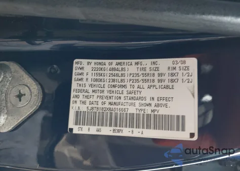 2008 Acura Rdx из США, поврежденный, VIN 5J8TB182X8A016667